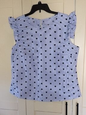 SHEIN Blue & White Striped Heart Print Ruffle Sleeve Blouse